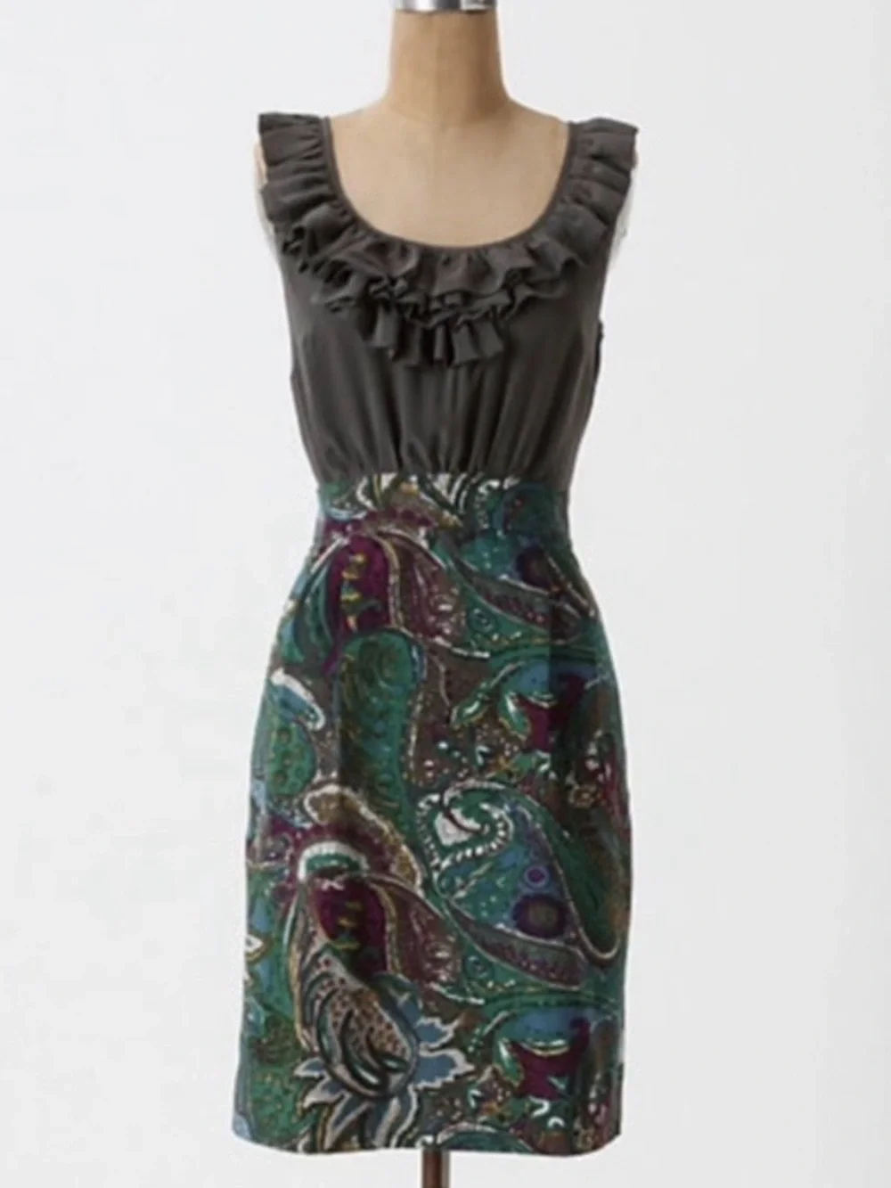 Anthropologie Maeve Size 2 Seaside Fields Sheath Dress gray silk ruffle bodice